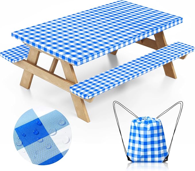 Picnic Table Cover with Bench Covers and Bag, Camping Table Camping Essentials Cover with Elastic Edges, 72x30 Inches 3 Pcs Set (Blue)