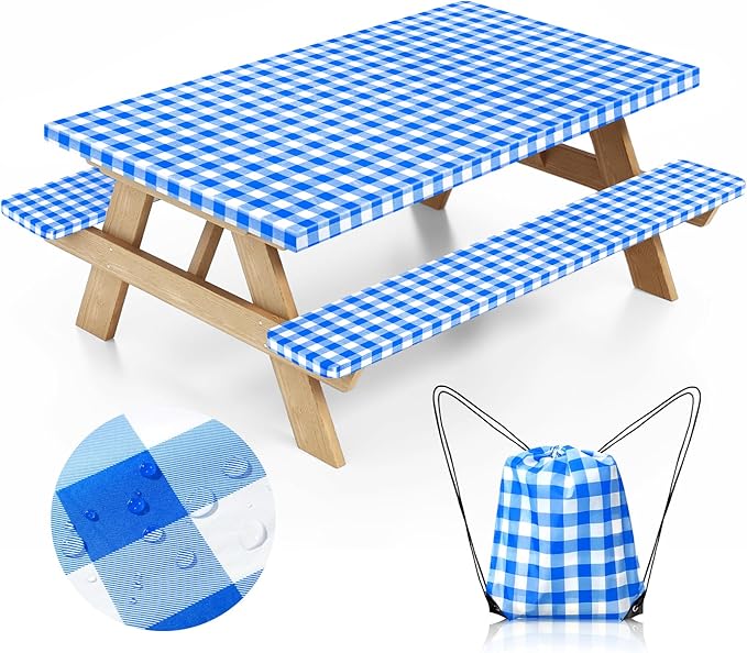 Picnic Table Cover with Bench Covers and Bag, Camping Table Camping Essentials Cover with Elastic Edges (Blue)