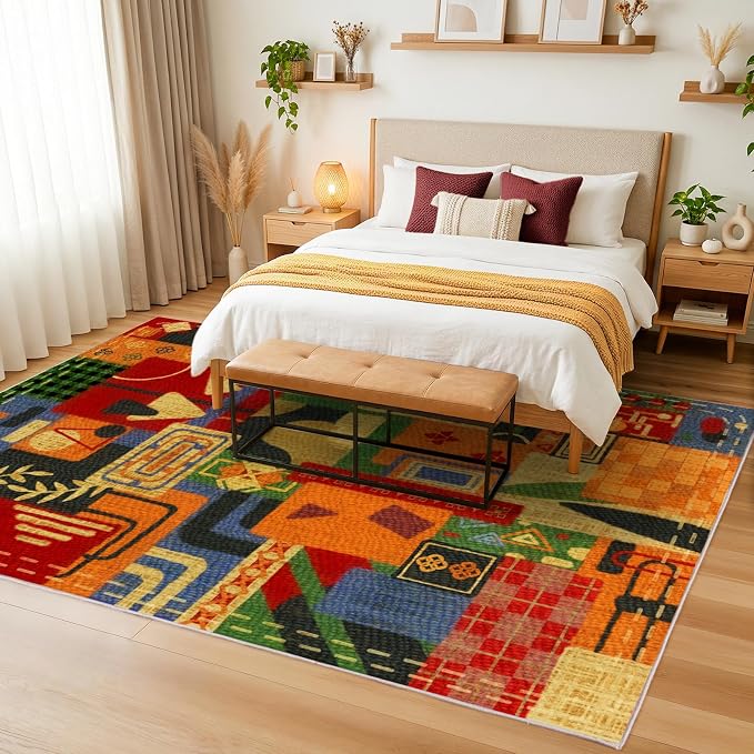 Washable 5x7 Rugs for Living Room, Abstract Tribal Geometric Patchwork Rug | Non-Slip Indoor Carpet for Bedroom Dining Room Office Home Decor| Colorful Soft Low-Pile Floor Rustic Rugs| Burnt Orange Rug