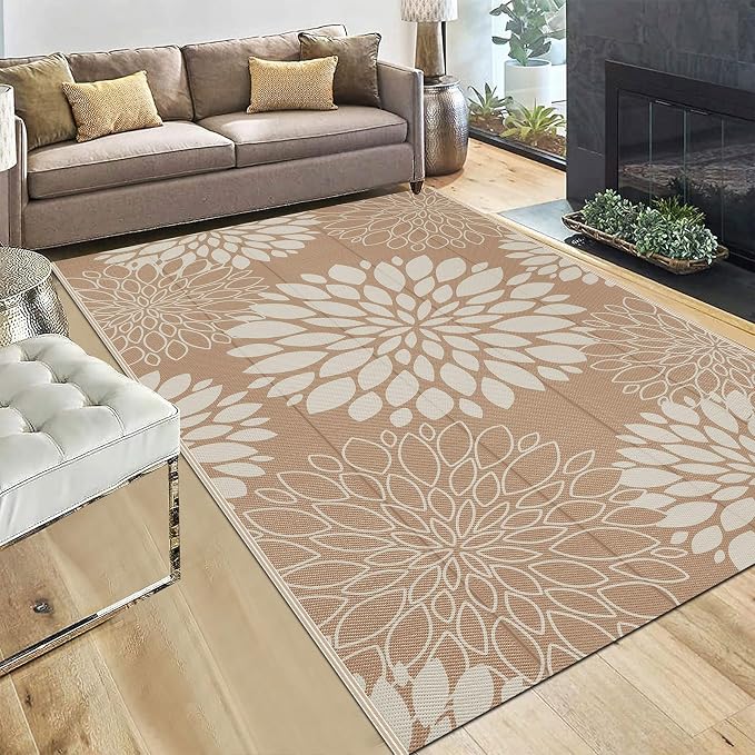 Ileading Waterproof Outdoor Rug 5x8, Reversible Plastic Straw Patio Rug, Portable Indoor Outdoor RV Camping Mat Carpet for Deck, Porch, Balcony, Backyard, Picnic, Floral Brown