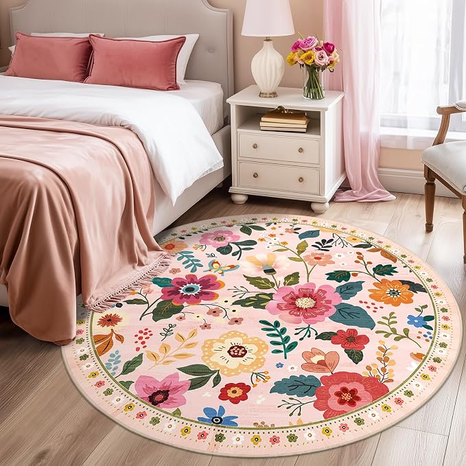RELEANY Floral Washable Round 6ft Area Rug Pink | Flower Carpet, Print, Boho, Non-Slip, Easy to Clean, Soft, Low Pile for Living Room Bedroom Kitchen Office Entryway Hallway