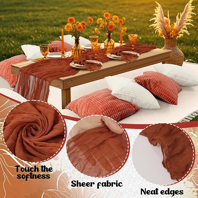 Beeveer 14 Pack Picnic Kit 91 x 71 Inch Extra Large Outdoor Boho Picnic Blanket with Terracotta Table Runner, 6 Throw Pillow Cover 6 Napkin Woven Cotton Yarn Washable Beach Blanket for Camp Wedding