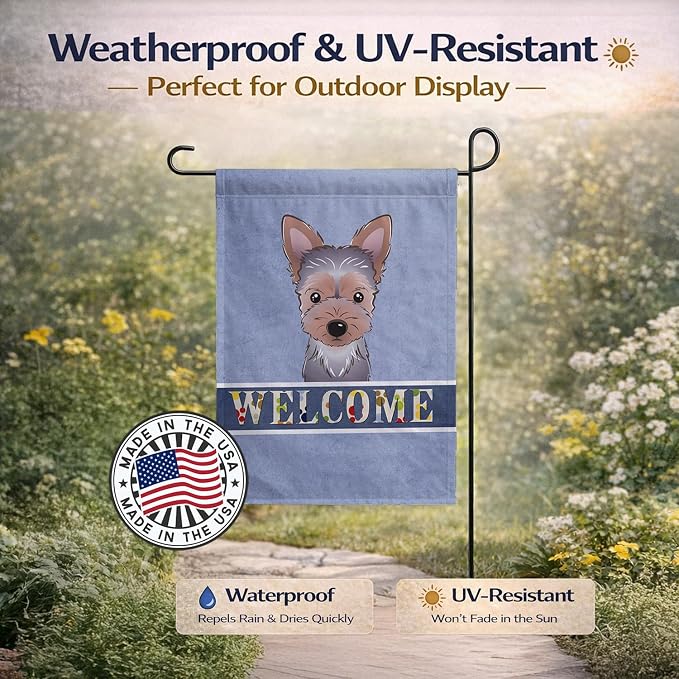 Caroline's Treasures BB1418GF Yorkie Puppy Welcome Garden Flag, Blue Mailbox Flag Decorative Yard Flag Banner Outside Patio Artwork Yard Flower Beds, Garden Size, Multicolor