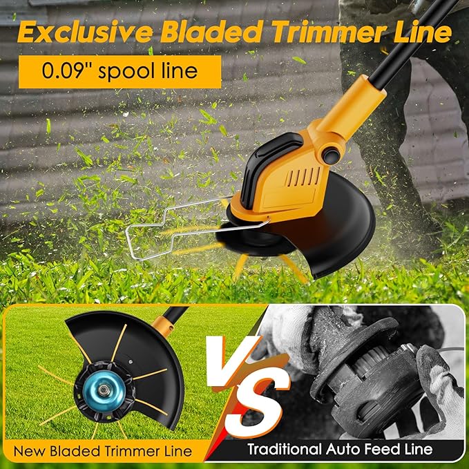 20000 RPM Heavy Duty Stringless Weed Wacker Edger, Cordless Electric Weed Eater Battery Powered 6000mAh, Brush Cutter Lawn Tool/Weed Trimmer/Grass Trimmer W/Wheel Metal Blade, 2 Battery