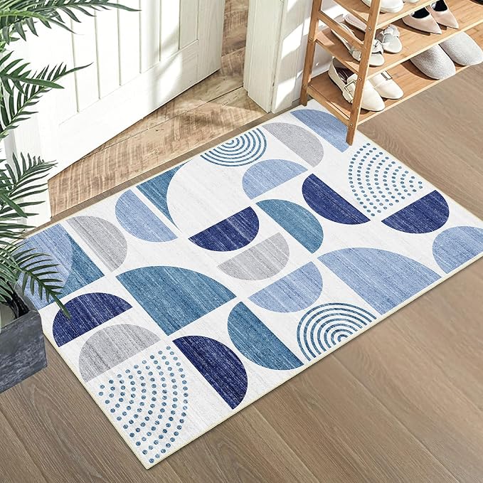 Blue Small Rug Washable,2x3 Area Rugs Non Slip Modern Abstract | Machine Washable Throw Carpet for Entryway Bathroom Entry Entrance Bedroom Kitchen Boho Soft Low Pile Indoor Navy Blue