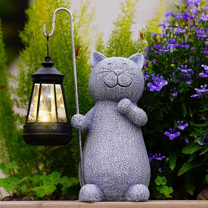 Qeeman Solar Cat for Garden Decor: Weatherproof Resin Statues | Warm Glow Lantern Outdoor Decoractions for Yard Pathway Patio Porch Balcony Front, Gifts for Mom Grandma Lovers