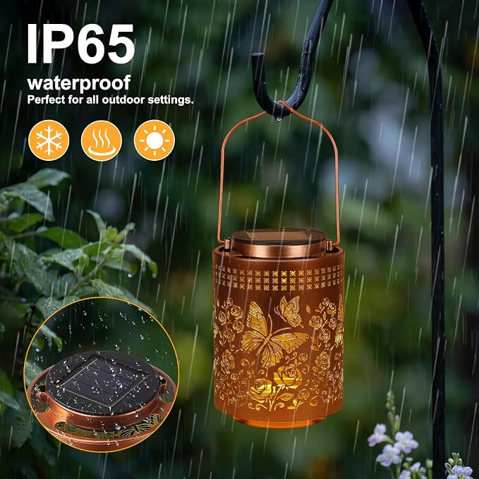 Solar Lanterns Outdoor Waterproof Butterfly Garden Decor Gifts for Women Mom Grandma, Hanging Solar Lights Metal Garden Decoration Outside for Yard, Patio, Backyard, Porch for Gift Card Box Packaging