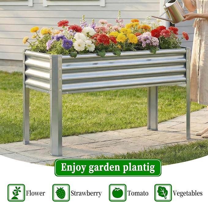 Galvanized Raised Garden Bed with Legs, 43×24×32in Large Metal Elevated Raised Planter Box with Drainage Holes for Backyard, Patio, Balcony, 400lb Capacity,Sliver