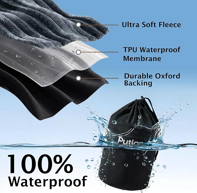 PuTian Waterproof Outdoor Blanket 79"X57" Packable, Stadium & Car Camping Blanket with Corduroy Fleece Lining, Windproof Throw for Picnic Hiking Road Trip, Machine Washable, Black 350GSM
