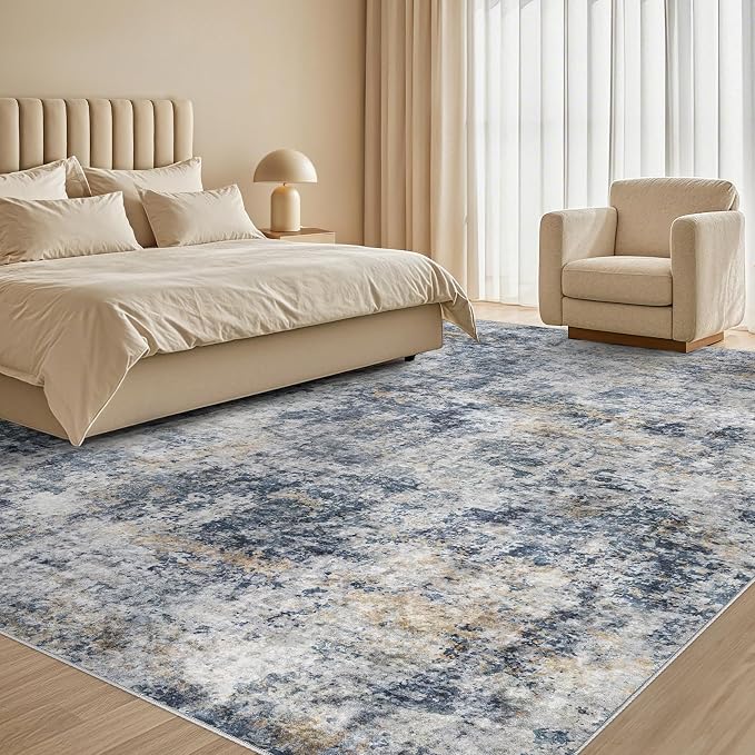 Tortania Washable 7x9 Area Rug for Living Room: Modern Abstract Neutral Large Soft Thin Rugs - Non Slip Indoor Carpet for Bedroom Dining Room Office Nursery Home Floor Decoration - Blue Grey