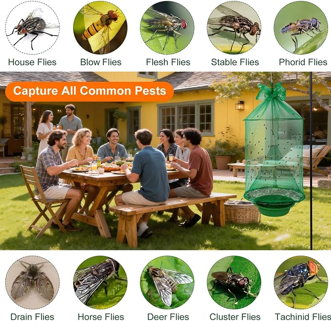 6 Pack Reusable Ranch Fly Trap Hanging, Fly Traps Outdoor Fly Catcher Killer Hunter Cage Control, Farm Horse Stable Fly Trap for Orchard, Barn, Garden