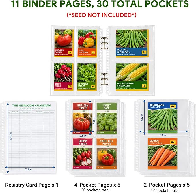 Volitaous 60-Slot Seed Storage Organizer Box with Seed Binder | Seed Containers Storage & Tracking, with 30-Pockets Seeds Binder, For Flower/Vegetable/Plants/Garden Seeds