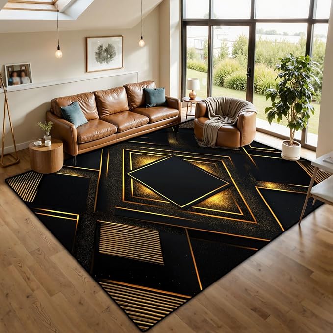 10x14 Area Rugs for Living Room Black Gold Geometric Stripe Decorative Repeated Patterns Radiating Washable Large Area Rug for Bedroom Non Slip Outdoor Carpets Soft Mats Kitchen Home Office Decor