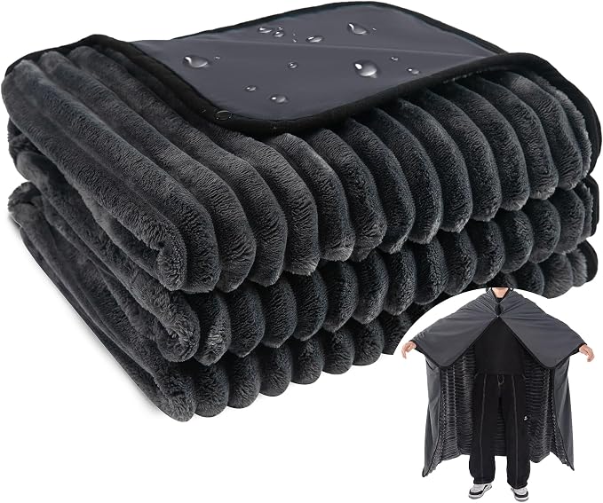 PuTian Waterproof Outdoor Blanket 79"X57" Packable, Stadium & Car Camping Blanket with Corduroy Fleece Lining, Windproof Throw for Picnic Hiking Road Trip, Machine Washable, Dark Grey 350GSM