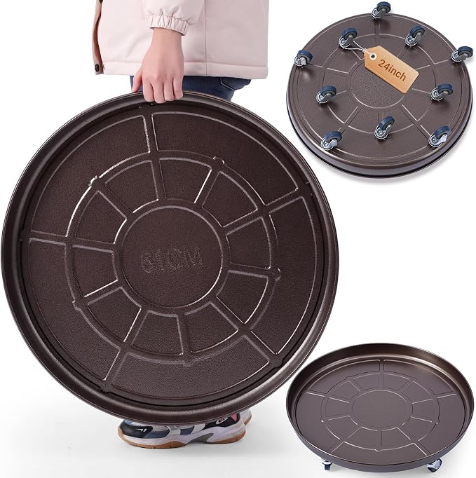 Briwooody 1 Pcs Large Round Plant Saucer with Lockable Wheels Flower Plant Trays Heavy Duty Round Water Catcher Easy to Move for Pots Indoors Outdoor Garden (24 Inch,Copper Gold)