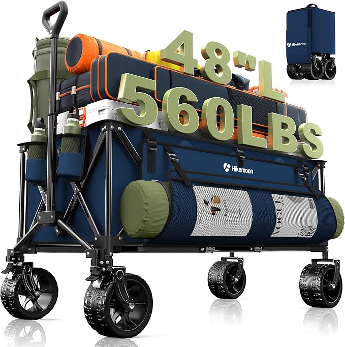 Hikemoon 300L Extra Large Wagons Carts Foldable, 560LBS Heavy Duty Collapsible Beach Wagon 48" Long with Big All-Terrain Wheels, Utility Folding Cart for Camping, Grocery, Sports, Garden, Blue