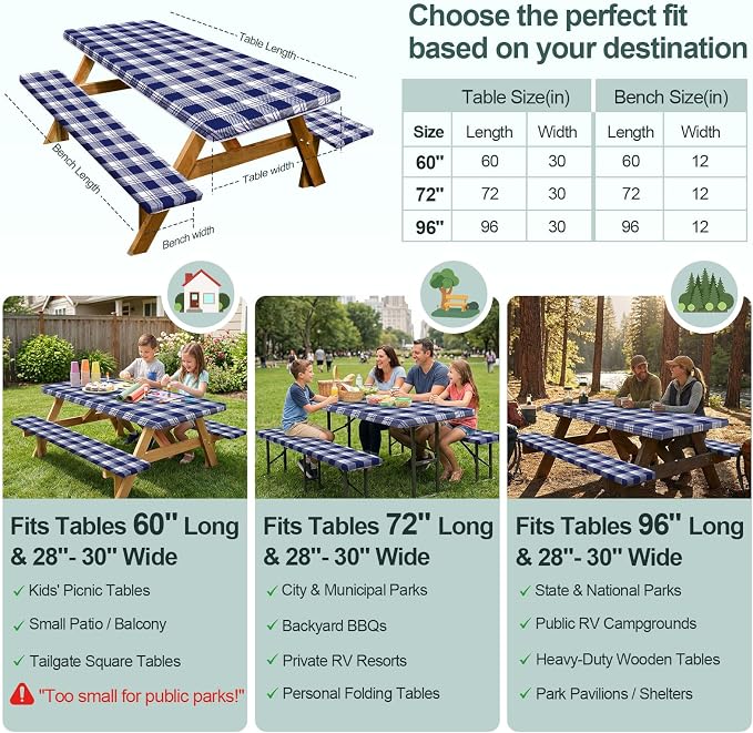 Play Tailor Picnic Table Cover with Bench Covers Camping Essentials Waterproof Windproof Camping Tablecloth with Drawstring Bag, Fitted Rectangle Tables and Seats, 96in, Blue Checkered