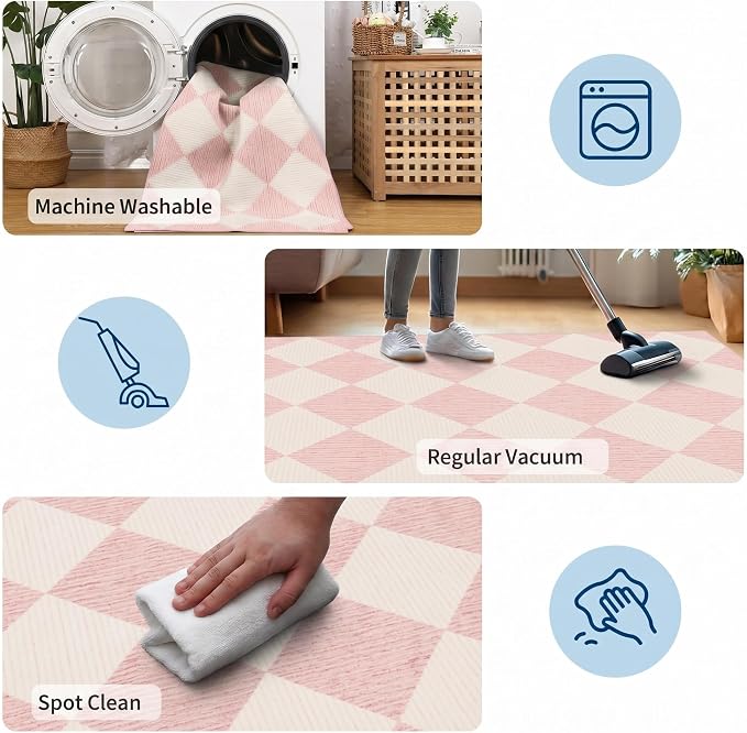 GarveeHome 2x6 Checkered Washable Runner Rug Girls Bedroom Pink Non Slip | Kitchen Runner Diamond Print Entryway Rug Thin Laundry Mat Stain Resistant Carpet for Bathroom Beside Mat