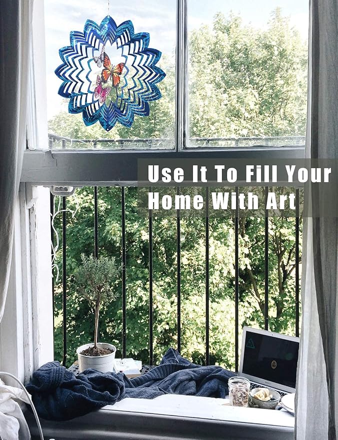 Wind Spinners Butterfly Hanging Outdoor, 13In Stainless Steel Spinfinity Wind Spinner, Blue Wind Chimes for Outside, 3D Kinetic Sculpture Suncatcher, Metal Yard Ornaments, Butterfly Garden Spinners