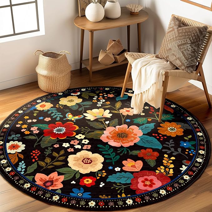 RELEANY Floral Washable Round 6ft Area Rug Black | Flower Carpet, Print, Boho, Non-Slip, Easy to Clean, Soft, Low Pile for Living Room Bedroom Kitchen Office Entryway Hallway