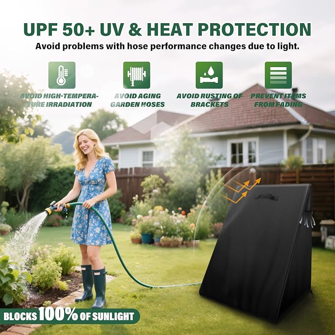 2-Wheels Garden Hose Reel Cart Cover – Weather-Resistant Protective Cover for Outdoor Hose Reels & Carts, Protects Against Sunlight, Rain, Snow, Sandstorms – Black