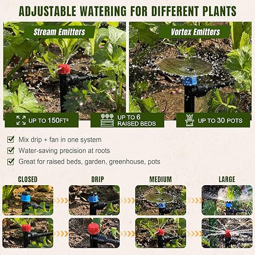 Push-to-Connect Drip Irrigation System Kit, Complete Premium Garden Watering System with 50FT 1/2" Mainline, Leak-Resistant Quick Connect Fittings, Adjustable Drip Emitters for Raised Beds, Greenhouse