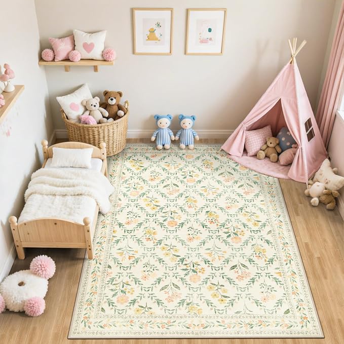 PLHXFR Area Rug Living Room: 4x6 Floral Washable Boho Carpet Beige Multi | For Bedroom Dining Room Farmhouse Nursery Hallway,Vintage Floral,Machine washable,Non Slip,Stain Resistant,Large Indoor