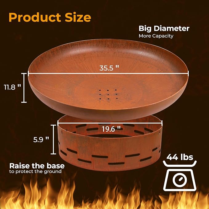 KOL Fire Pit for Outside Wood Burning, 35.5 Inch Large Round Firepit Bowl Outdoor and Patio, Heavy-Duty Bonfire Pit Oxidized Finish, Free-Standing, Camping Backyard Terrace