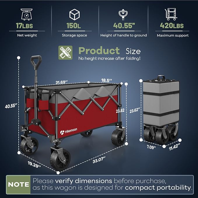 Hikemoon 150L Collapsible Wagons Carts Foldable, 360LBS Heavy Duty Folding Beach Cart with Big All-Terrain Wheels, Portable Utility Wagon for Grocery, Shopping, Garden, Sports, Red & Grey