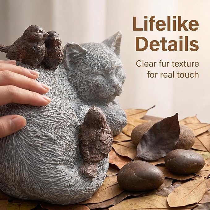 Resin Sleeping Cat Memorial Statue with Birds – Indoor Outdoor Garden Figurine Decor for Patio, Yard & Home, Realistic Tribute Sculpture, Sympathy Gift for Pet Lovers (11.4×7.3×5.9 in)