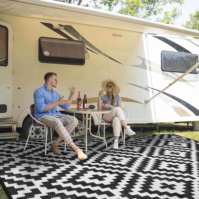 Outdoor Patio Plastic Straw Rug - 9x18 ft Outdoor Camping Rug Waterproof Reversible, Area Carpet Patios RV, Outside Porch Balcony Deck for Camper, Black & White