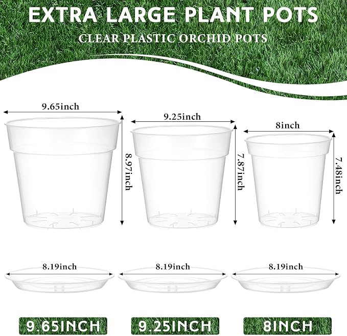 Baderke 3 Pack Clear Nursery Pot Plastic Nursery Pot Large Plant with Drainage Holes for Root Health Indoor Outdoor (8 Inches,9.25 Inches,9.6 Inch)
