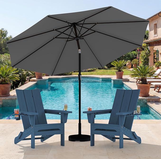 SERWALL Modern Folding Adirondack Chair Set with 9 Ft Umbrella, Folable Adirondack Chairs Set of 2 with Cup Holders, HDPE Fire Pit Chairs for Patio Lawn Garden, Blue (Umbrella Base is not Included)