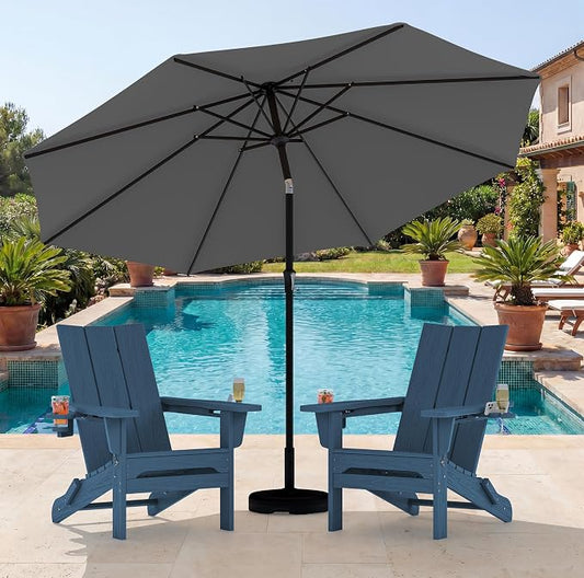 SERWALL Modern Folding Adirondack Chair Set with 9 Ft Umbrella, Folable Adirondack Chairs Set of 2 with Cup Holders, HDPE Fire Pit Chairs for Patio Lawn Garden, Blue (Umbrella Base is not Included)