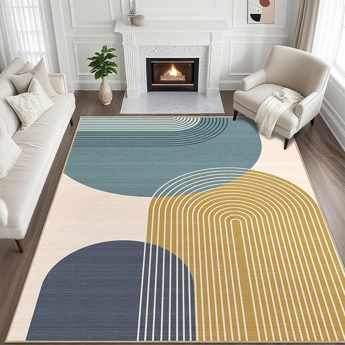 8x10 Large Area Rug for Living Room BohoRug Bohemian Rugs Machine Washable Modern Geometric Rug Non Slip Printed Low Pile Indoor Floor Carpet for Dining Room Bedroom Office,Blue