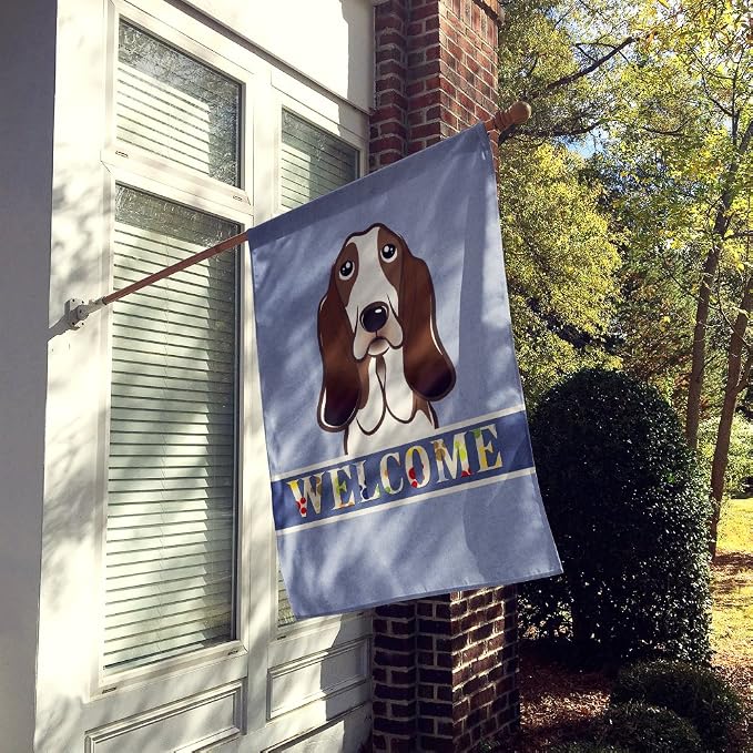 Caroline's Treasures BB1429CHF Basset Hound Welcome House Flag, Blue Large Porch Sleeve Pole Decorative Outside Yard Banner Artwork Wall Hanging, Polyester, House Size, Multicolor