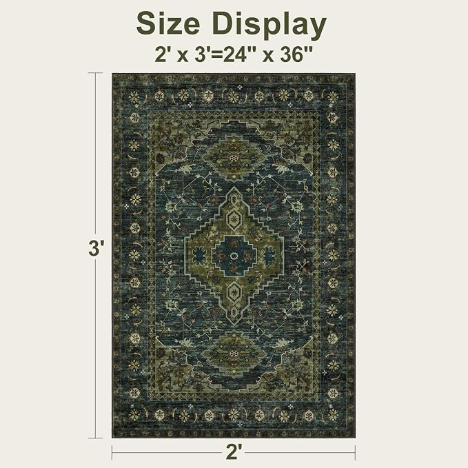 Tangsoo Oriental Small Washable Rugs for Entryway, Non Slip 2x3 Rug Green | Vinatge Olive Green Small Area Rug, Boho Print Front Door Mat Indoor Entrance Low Pile Throw Rugs for Entry Kitchen Bedroom