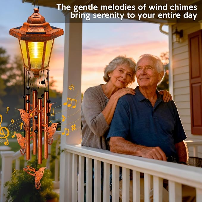 Large Solar Hummingbird Wind Chimes, Gifts for Women Mom Grandma Wife Sister Daughter Neighbor, Classic Bronze Wind Chimes with Wind Catcher, Solar Decor Lights for Outdoor Garden Patio Porch Window