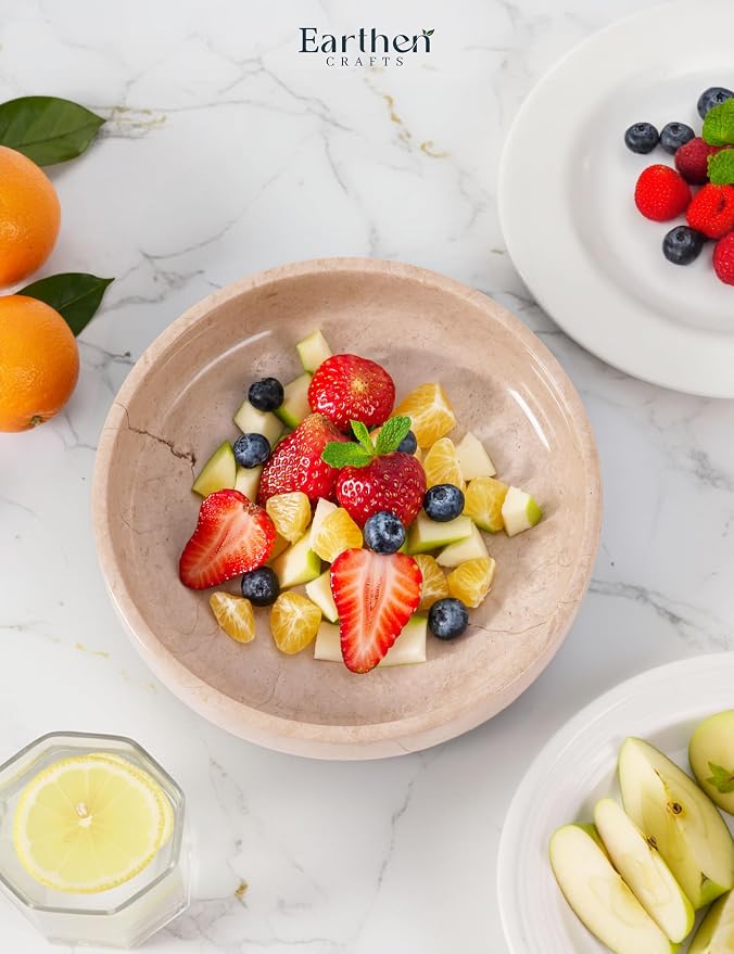 Marble Serving Bowl 8" Inches Beige Handcrafted Natural Stone Fruit Bowl For Kitchen Table decor, Modern Table Centerpiece Bowl, Chips Holder For Parties & Entertainments
