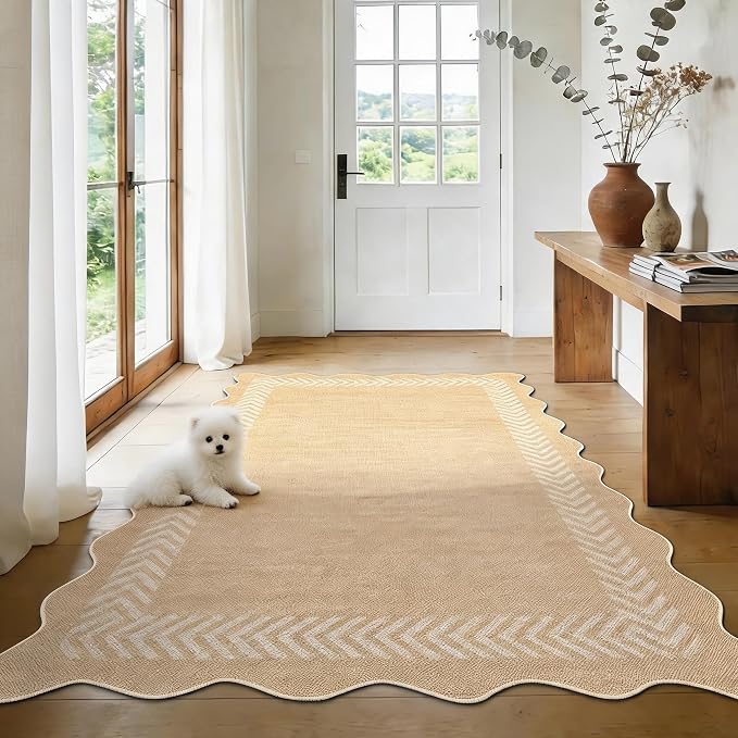 Garvee 8x10 Easy Jute Washable Rugs for Living Room Bedroom Rug, Beige | Scalloped Area Rug Stain Resistant Easy Cleaning Throw Rugs Low Pile Floor Cover for Nursery Dining Room Apartment
