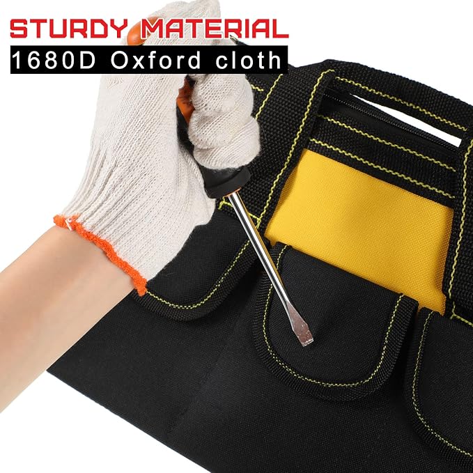 4 Pieces Tool Bag with Waterproof Strong Molded Base Multi Pockets Wide Mouth Tool Tote Multifunctional Large Capacity Organizer Heavy Duty Tools Storage Bag for Men Carpenter Electrician