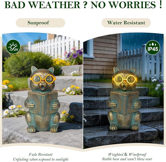 Bronze Resin Solar Reading Cat Decor with Light-Up Glasses, Outdoor Statue Garden Animal Ornament for Patio Yard Porch Home Gift for Women Cat Lovers