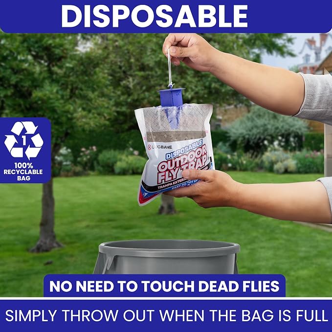 Fly Traps Outdoor Fly Trap for Patio. 2 Non-Toxic Pre-Baited Flies Bags Outdoor Disposable. Hanging Bug Catchers for All Filth Flies Killer for Outside Bug Control in Yard Horse Ranch Trash Can.