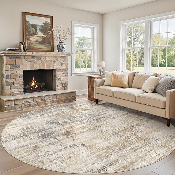 UERMEI 8ft Round Area Rug for Living Room Washable Abstract Golden Brown | Soft Low Pile Non Slip Indoor Carpet Stain Resistant Kid Pet Friendly Circle Rug For Bedroom Dining Room Office Nursery