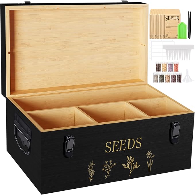 Bamboo Seed Storage Organizer, Large Garden Seed Organizer with Lid & Safety Lock & Handles, Seed Box Includes Seed Envelopes and Labels etc, Great Gifts Gardening Kit (Black)