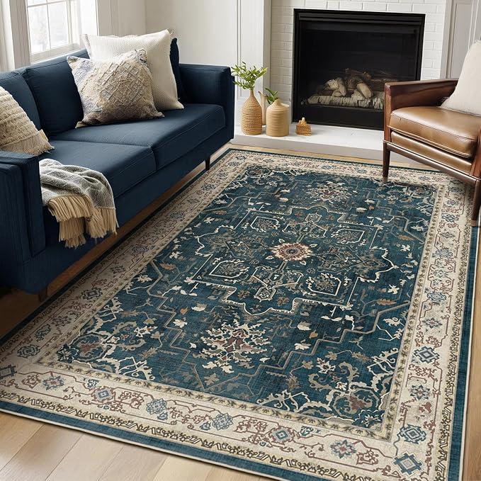 Distressed Vintage 5x7 Area Rugs for Living Room Bedroom Non Slip Washable, Medallion Pattern Printed Low Pile Farmhouse Carpet Rugs for Dining Room/Kitchen/Home Office, Deep Blue/Multi