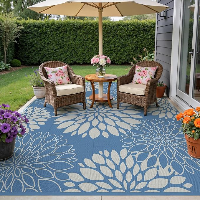 Ileading Waterproof Outdoor Rug 8x10, Reversible Plastic Straw Patio Rug, Portable Indoor Outdoor RV Camping Mat Carpet for Deck, Porch, Balcony, Backyard, Picnic, Floral Dusty Blue