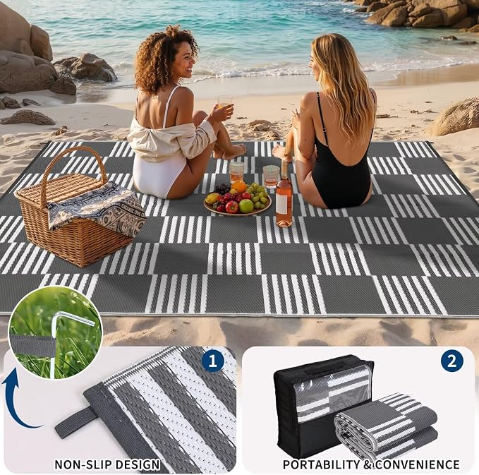 Garvee Waterproof Outdoor Rug 9x12, Checkered Foldable Plastic Straw Patio Camping Rug, Outdoor RV Carpet for Deck Camper Porch Balcony Backyard Picnic Beach Gray and White