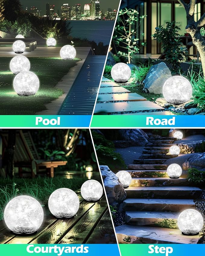 Garden Solar Ball Lights Outdoor Waterproof, 80 LED Cracked Glass Globe Ground Lights for Path Yard Patio Lawn, Outdoor Decoration Landscape White (2 Pack 5.9'')
