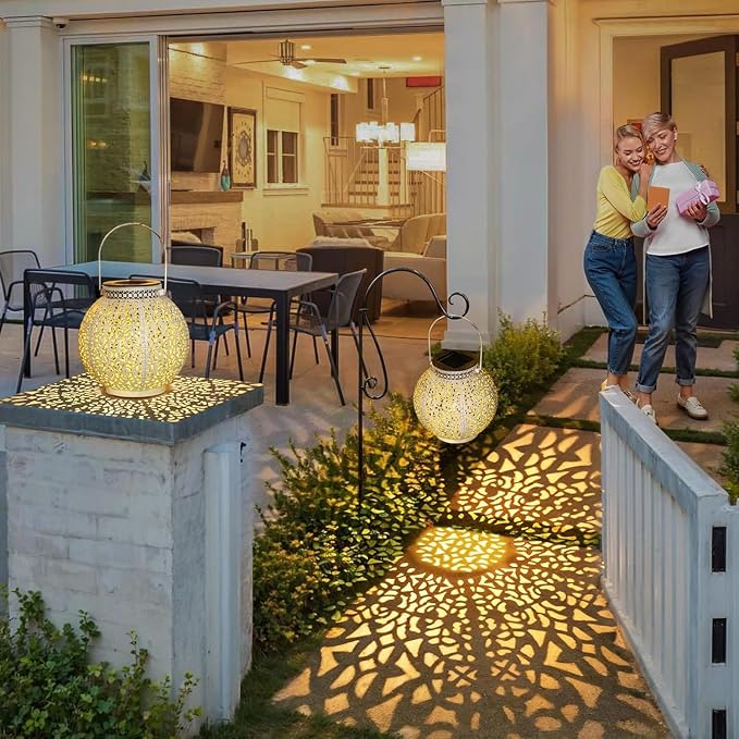 TAKE ME 2 Packs White Solar Lanterns Outdoor Waterproof Garden Laterns Metal Retro Lights for Mothers Gifts Mom Wife Grandma Birthday Gifts (White Set of 2)